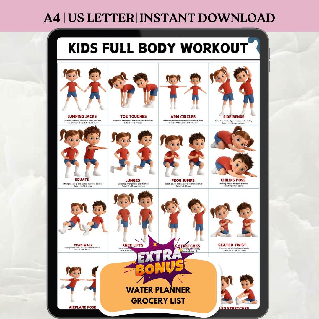 Kids Full Body Workout Printable, Children Exercise Chart, Home Fitness ...