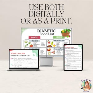 May include: A digital graphic with the text "USE BOTH DIGITALLY OR AS A PRINT." The image displays a "DIABETIC Food List" on a computer monitor, a laptop, and a tablet. The list categorizes foods into "MORE" and "LIMIT" sections, with tips for a smart diabetic diet.