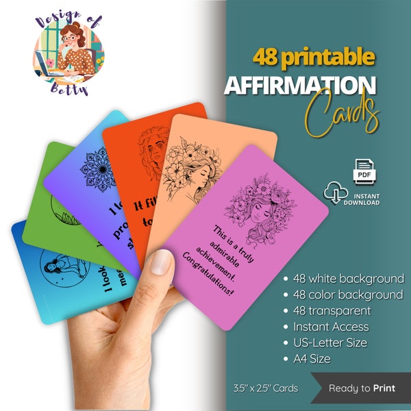 48 Affirmations Cards Digital Download, Positive Sayings Printable Gift, Daily Positive Affirmations, Mindfulness Affirmations Deck 2024