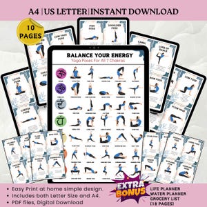 Op de afbeelding: Een digitale yogagids met poses voor alle 7 chakra's, waaronder Lotus, Lijk en Boog. De gids is beschikbaar in A4- en US Letter-formaten, met 10 pagina's. Bonus: levensplanner, waterplanner en boodschappenlijst (18 pagina's).