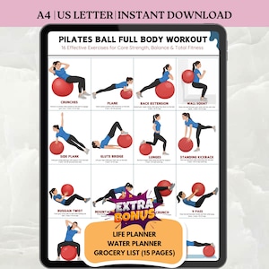 May include: A digital Pilates ball full body workout guide with 16 exercises for core strength, balance, and total fitness. The guide includes illustrations of exercises like crunches, plank, and lunges. Includes a bonus section with a life planner, water planner, and grocery list.