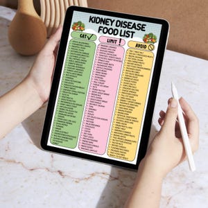 May include: A tablet displays a "Kidney Disease Food List" with "Eat," "Limit," and "Avoid" categories. The list includes fruits, vegetables, meats, and other food items. The tablet is held by a person with a stylus.