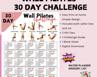 30 Day Challenge Wall Pilates Workout, Wall Exercise for Women, Flat Stomach Challenge, Core Strength, Instant Download, Printable, PDF