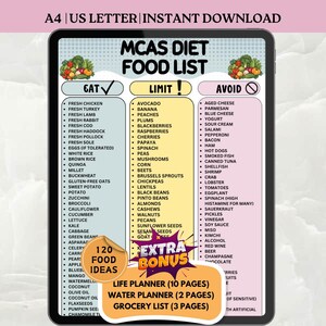 May include: A digital MCAS diet food list chart displayed on a tablet screen, featuring three columns labeled Eat, Limit, and Avoid with bulleted food items. An orange circular badge highlights 120 food ideas and extra bonus planner pages.