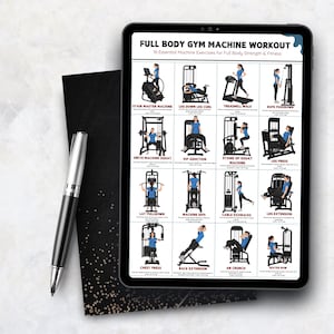 K&ouml;nnte beinhalten: Ein digitales Tablet mit einer &Uuml;bersicht f&uuml;r ein Ganzk&ouml;rper-Fitnessstudio-Training mit 16 &Uuml;bungsillustrationen und Text, platziert neben einem schwarzen Stift auf einer strukturierten Oberfl&auml;che.