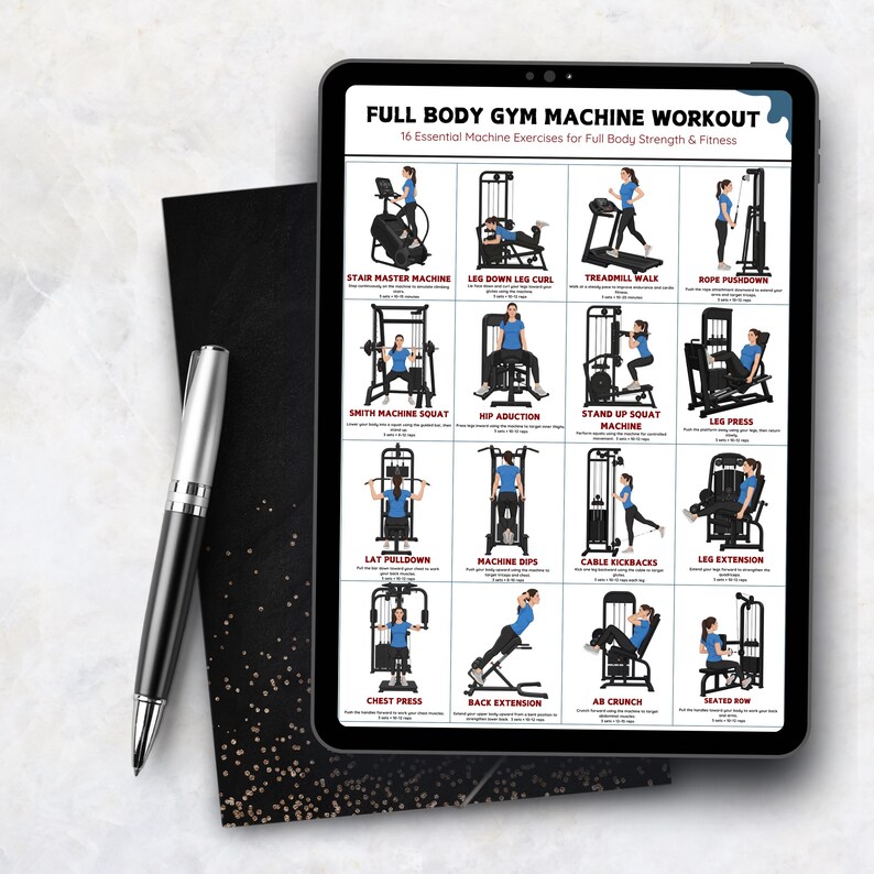K&ouml;nnte beinhalten: Ein digitales Tablet mit einer &Uuml;bersicht f&uuml;r ein Ganzk&ouml;rper-Fitnessstudio-Training mit 16 &Uuml;bungsillustrationen und Text, platziert neben einem schwarzen Stift auf einer strukturierten Oberfl&auml;che.