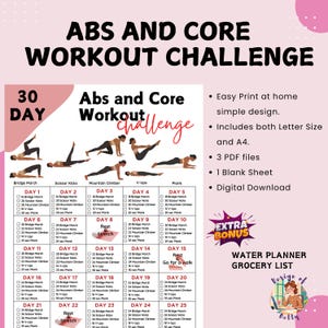 30 Day Abs and Core Workout Challenge | Core Workout Plan | Strengthen Abs & Core | Home Fitness Planner | Home Workout | Instant Download