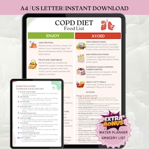 Lista de alimentos para la dieta de la EPOC, plan de dieta para la EPOC (PDF), hoja de dieta para la enfermedad pulmonar obstructiva crónica, tabla de alimentos, decidir qué comer y qué evitar