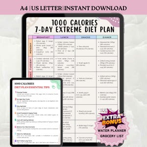 Piano alimentare estremo da 1000 calorie, programma dietetico ipocalorico per la perdita di peso, preparazione dei pasti, piano alimentare stampabile con ricette salutari per 7 giorni