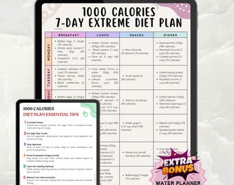 1000 Calories Extreme Diet Plan, Dietitian Low Calorie Diet Planner for Losing Weight Meal Prep, 7-Day Healthy Recipes Meal Plan Printable