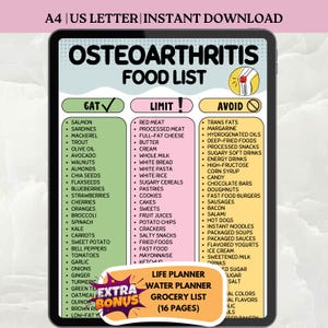 Lista de alimentos para la osteoartritis (imprimible), tabla de límites y evítes, guía dietética para la artritis, nutrición para la salud articular, alimentos antiinflamatorios (PDF) imagen 1