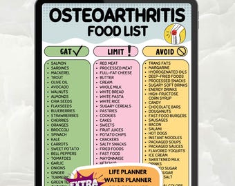 Elenco di alimenti stampabili per l'osteoartrite, tabella dei limiti di consumo, guida alla dieta per l'artrite, nutrizione per la salute delle articolazioni, alimenti antinfiammatori in formato PDF
