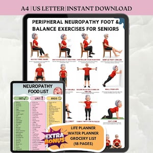 May include: Digital download featuring exercises for seniors with peripheral neuropathy. Includes illustrations of exercises like seated towel grabs and toe curls. Also includes a neuropathy food list, life planner, water planner, and grocery list.