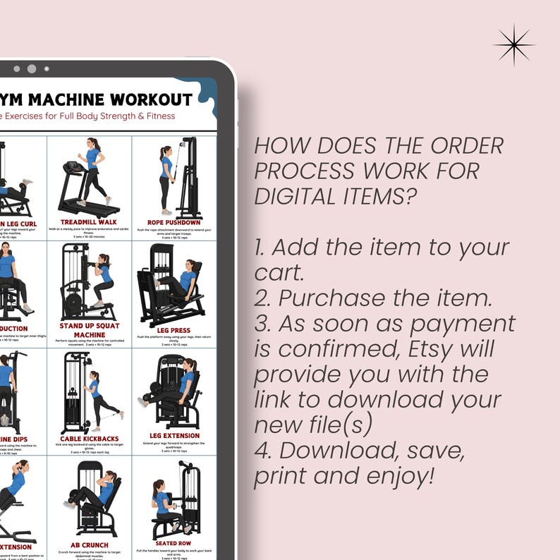 K&ouml;nnte beinhalten: Ein digitales Fitnessstudio-Trainingsdiagramm mit Illustrationen verschiedener &Uuml;bungen wie Laufbandgehen, Seilzugdr&uuml;cken und Beinpresse. Der Text erl&auml;utert den digitalen Bestellvorgang, einschlie&szlig;lich der Schritte zum Hinzuf&uuml;gen zum Warenkorb, Kauf, Download und Druck.