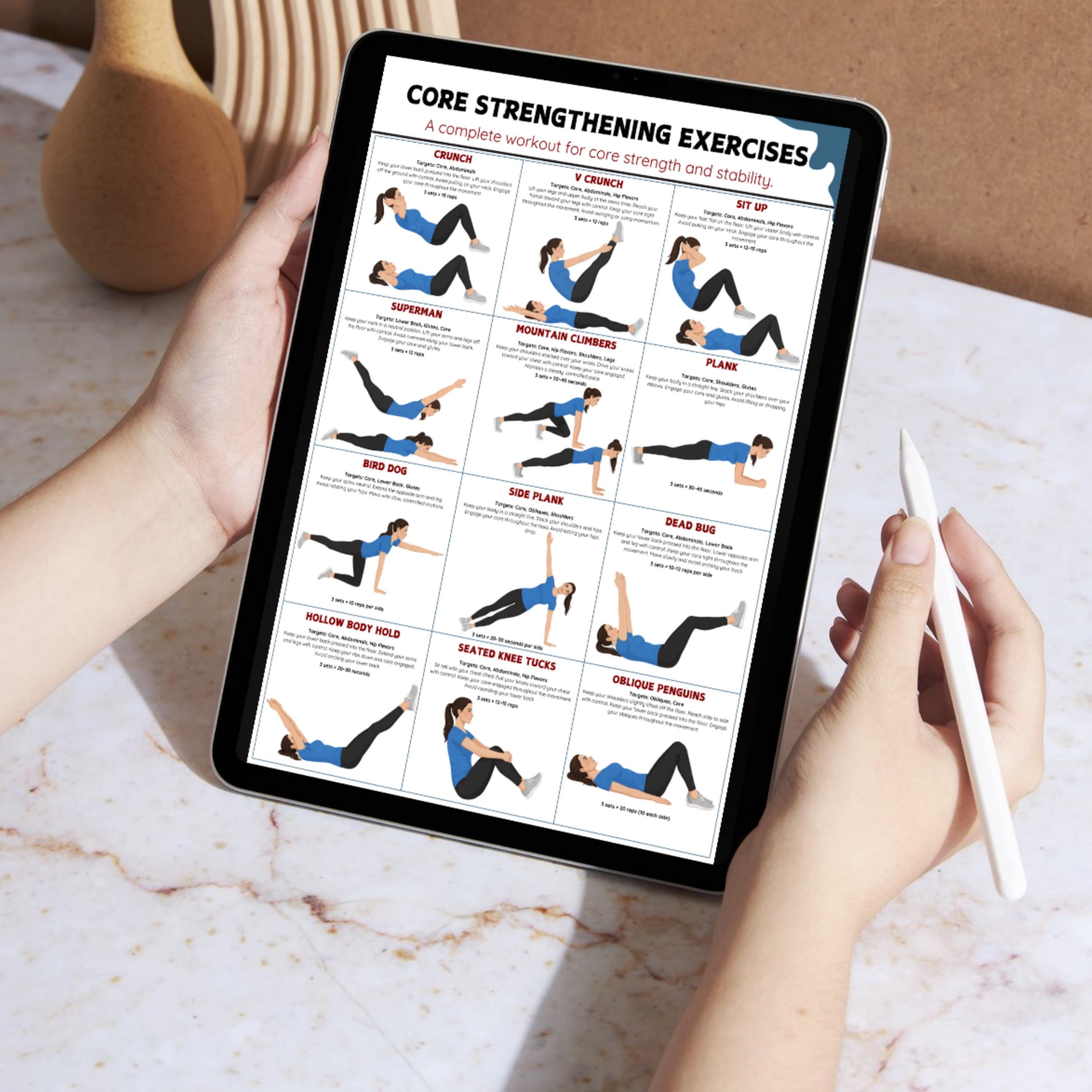 Printable Core Exercise Chart Core Strengthening Exercises Printable Poster | Abs & Core Workout ...