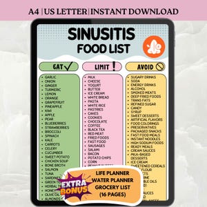 Lista de alimentos imprimible para la sinusitis, tabla de alimentos que se deben evitar, guía dietética para la congestión sinusal, guía nutricional antiinflamatoria