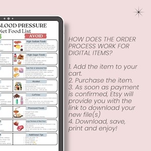 May include: A digital printable chart with a list of foods to avoid for blood pressure management. The chart is divided into categories such as high-sodium foods, high-sugar foods, trans fats and saturated fats, alcohol, caffeine, processed foods, large portions of red meat, and additional tips. The chart is on a pink background with a white border.