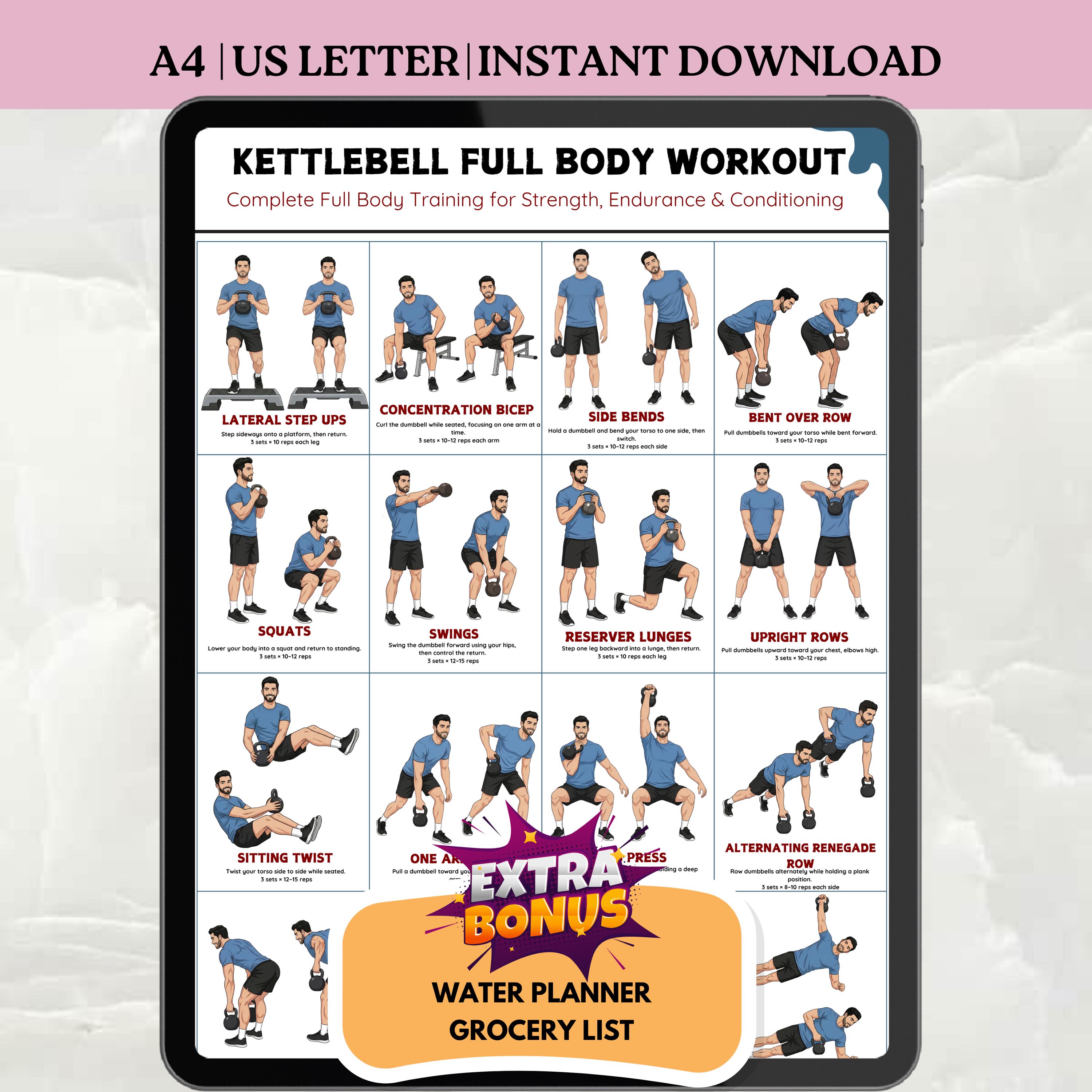 Kettlebell Full Body Workout Poster, Printable Exercise Chart, Strength ...