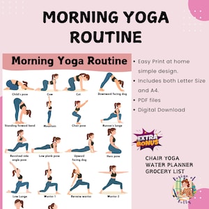 Afdrukbare ochtendyogaroutine, ochtendyogahoudingen, 20 yogahoudingen poster, yogahoudingen kunst aan de muur, yogastudio decor, yogahoudingen illustraties pdf