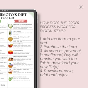 May include: A digital download featuring a food list for the Himoto's Diet, with sections on foods to limit. The list includes categories like cruciferous vegetables, soy products, and processed foods. Instructions on how to download the digital item are also included.
