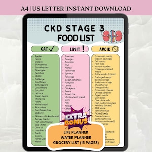 May include: Digital food list for CKD Stage 3, displayed on a tablet. The list categorizes foods into "GAT," "LIMIT," and "AVOID" sections, with fruits, vegetables, and other items listed. Includes text: "LIFE PLANNER, WATER PLANNER, GROCERY LIST (15 PAGES)."