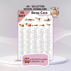 30 Day Challenge Core Workout, Deep Core Exercises, Abdominals, Pelvic Floor Exercises, Core Strength, Body workout at home, Printable, PDF