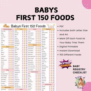 Lista de verificação de alimentos para bebês para impressão 150 primeiros alimentos Guia de nutrição infantil para desmame guiado pelo bebê Planejador de refeições, rastreador de dieta Nova mamãe - A4 e carta dos EUA