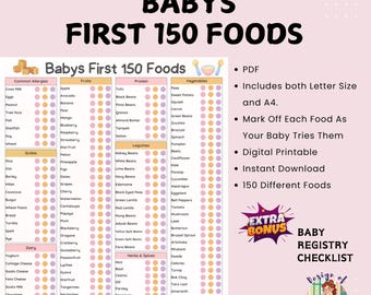 Lista imprimible de alimentos para bebés: 150 primeros alimentos. Guía de nutrición infantil para el método BLW (alimentación complementaria a demanda). Planificador de comidas para madres primerizas. EE. UU. Formato A4. Descargar.