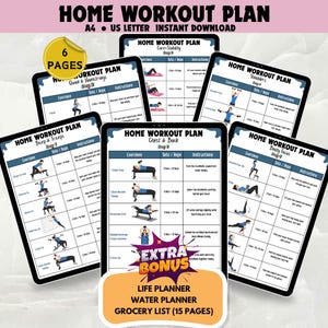 Home Workout Plan Printable Bundle, 6 Day Fitness Planner PDF, Gym Workout Sheets, A4 & US Letter Instant Download, Women Exercise, Home Gym