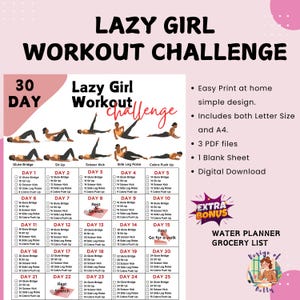Op de afbeelding: Een roze en witte afdrukbare workout challenge met de tekst "Lazy Girl Workout Challenge". Het 30-dagenplan bevat oefeningen zoals glute bridges en cobra push-ups. Inclusief een waterplanner en boodschappenlijst.
