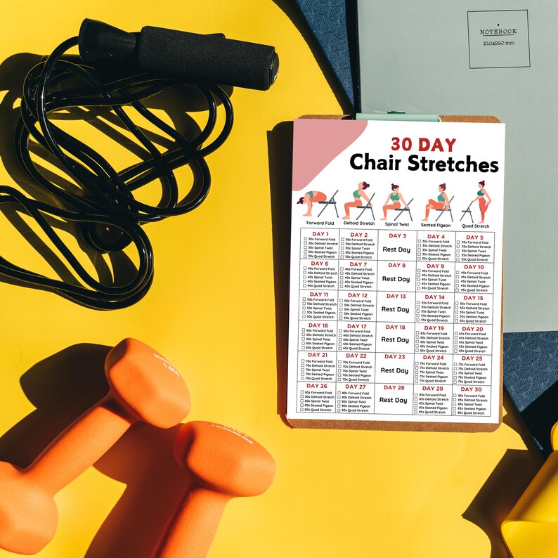 May include: A 30-day chair stretches workout plan with illustrations of each stretch. The plan includes a rest day every few days.