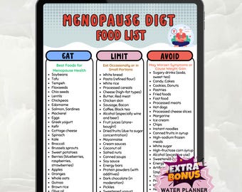 Lista de alimentos para la menopausia (imprimible), lista de compras para la menopausia (PDF), tabla de alimentos para la perimenopausia, alimentos para la menopausia que se deben comer y evitar.