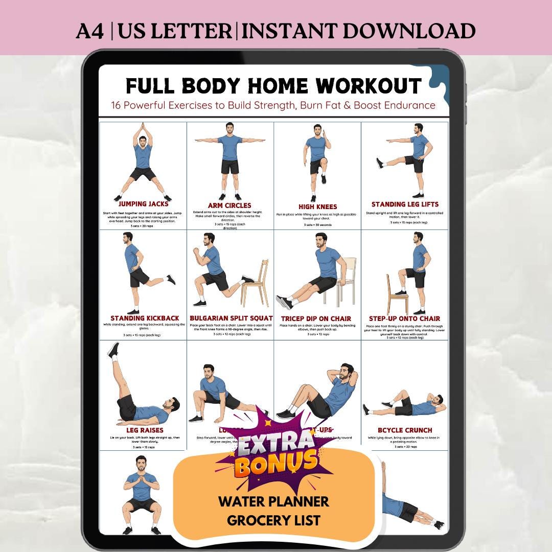 Full Body Home Workout Poster Printable, 16 Exercise Fitness Plan, Wall ...