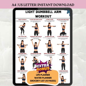 Op de afbeelding: Een digitale trainingsgids getiteld LIGHT DUMBBELL ARM WORKOUT weergegeven op een tabletscherm. De grafiek bevat twaalf illustraties van een persoon die diverse armoefeningen met dumbbells uitvoert, inclusief tekstuele instructies voor elke beweging.
