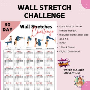 30 Day Wall Pilates Challenge Printable | Wall Stretch Fitness | Quick Workout digital | Reshape body | Wall Pilates