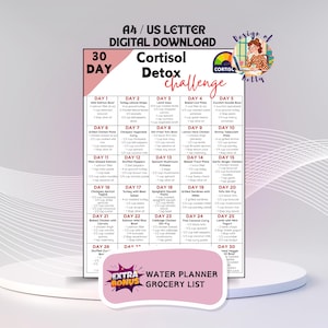 May include: A digital download, A4/US Letter, 30-day Cortisol Detox Challenge. The pink and white chart includes a water planner and grocery list. The chart lists daily meal plans with ingredients and measurements in cups and tablespoons.
