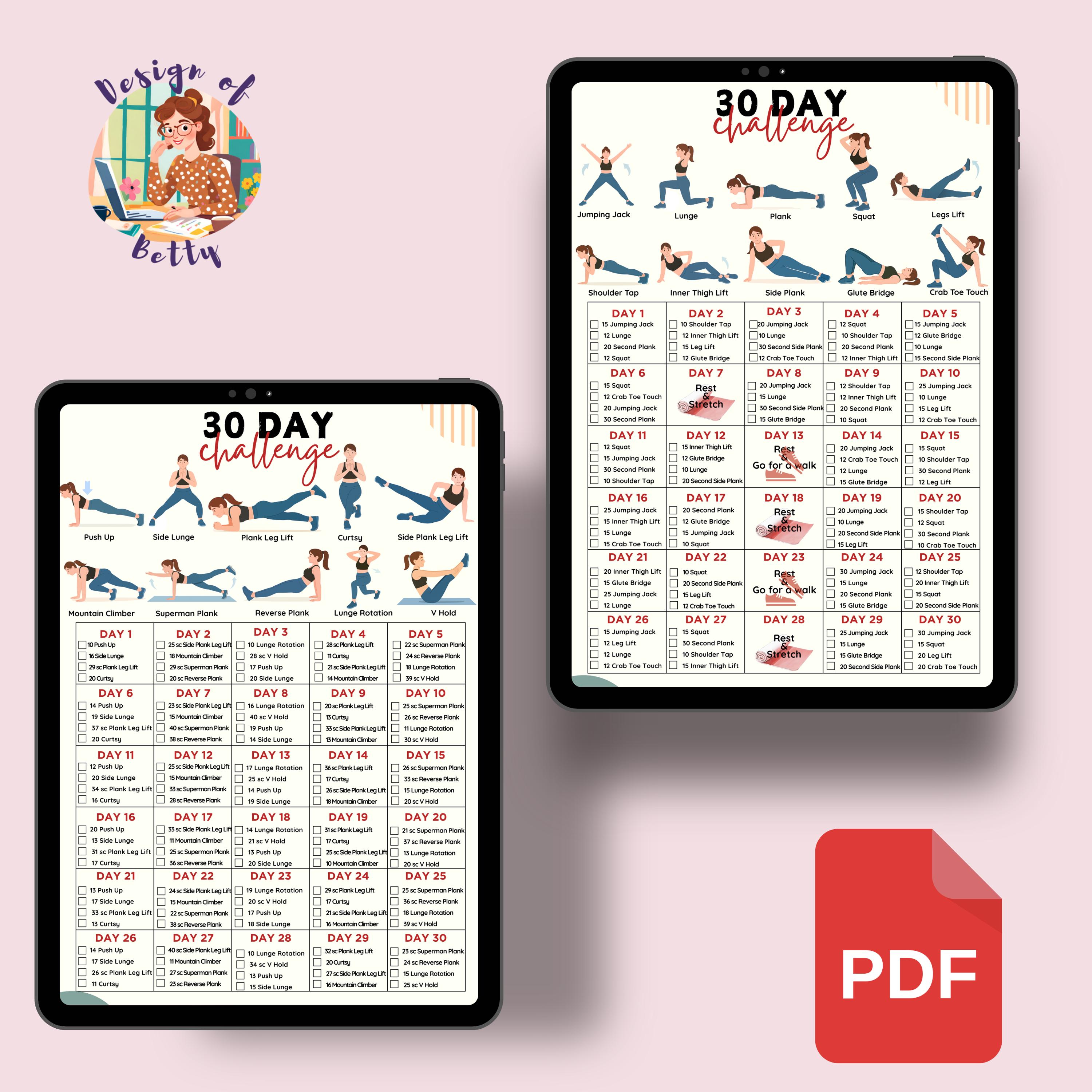 30 Day Fitness Challenge Printable | Workout Planner, Exercise Tracker ...