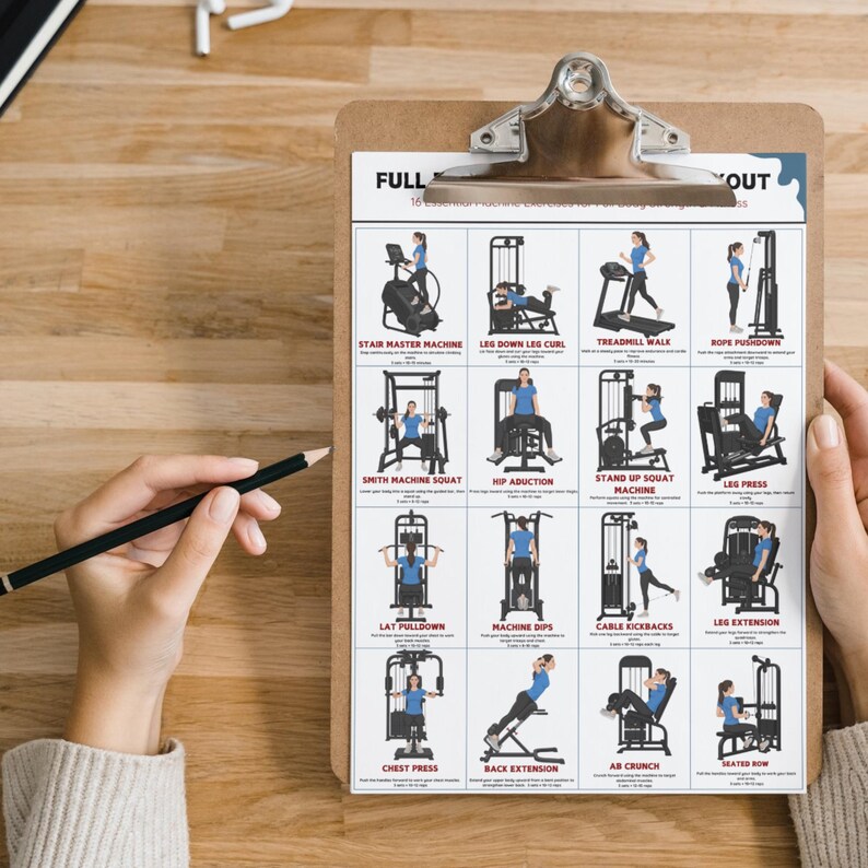 K&ouml;nnte beinhalten: Ein Klemmbrett mit einem gedruckten Trainingsleitfaden mit 16 essentiellen &Uuml;bungen an Ger&auml;ten. Der Leitfaden enth&auml;lt Illustrationen von &Uuml;bungen wie Stair Master und Beinpresse. Das Klemmbrett wird von einer Person mit einem Bleistift gehalten.