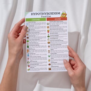 May include: A green and white food list for people with hypothyroidism. The list is divided into two sections: "Choose" and "Avoid". The "Choose" section lists foods that are good for people with hypothyroidism, while the "Avoid" section lists foods that should be avoided.