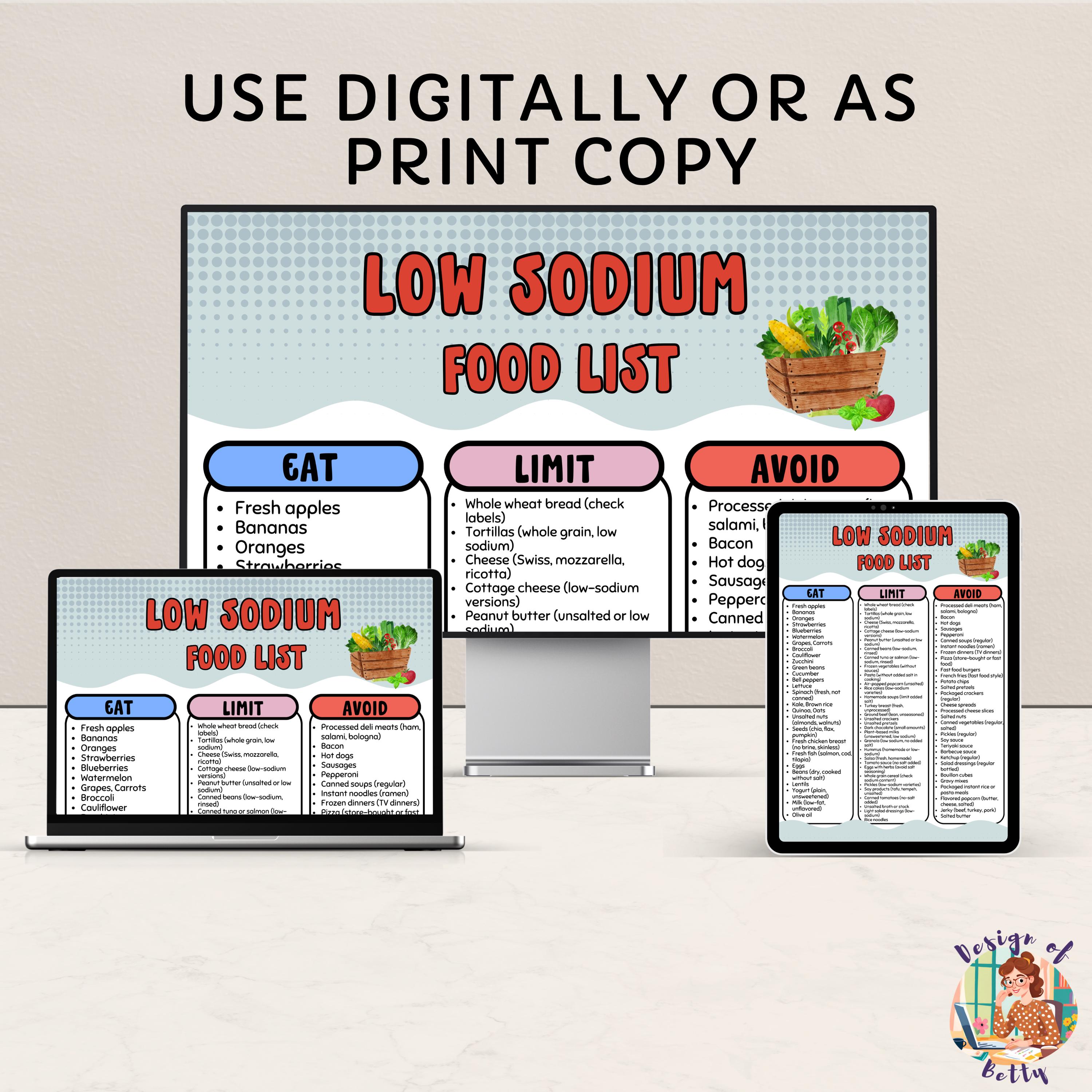 Low Sodium Food List, Low Salt Meal Plan Chart, Grocery List Guide for ...