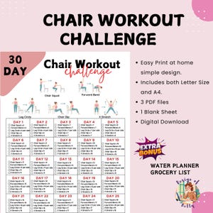 30 Day Chair Workout Challenge Printable | Chair Yoga Guide | 10 mins Workout Planner Digital | Digital Office Workout | Sitting Workout