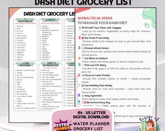 May include: A digital grocery list for the DASH diet, featuring lists of vegetables, fruits, lean proteins, dairy alternatives, and nuts. Includes 10 practical steps to manage the diet, with a bonus water planner. The image is a digital download.