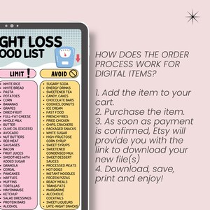 May include: A digital weight loss food list on a tablet, with a scale icon at the top. The list categorizes foods to limit and avoid, with instructions on how to download digital items from Etsy. The background is a light pink color.