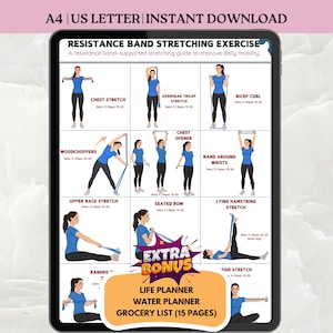Op de afbeelding: Een digitale download met een gids voor rekoefeningen met weerstandsbanden. De gids bevat illustraties van oefeningen zoals borststretch, overhead triceps stretch en biceps curl. Inclusief een bonus levensplanner, waterplanner en boodschappenlijst.