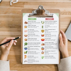 May include: A wooden clipboard with a printed food diet guide. The guide lists foods to eat and limit, with categories like Selenium-Rich Foods, Omega-3-Rich Foods, and Excessive Sugary Foods. A hand holds a pencil, ready to take notes.