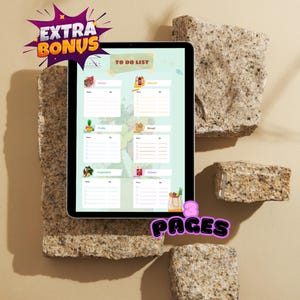 May include: A digital tablet displays a "TO DO LIST" with sections for meals, fruits, vegetables, bread, and drinks. The tablet is surrounded by decorative stone blocks. Text on the image includes "EXTRA BONUS" and "8 PAGES".