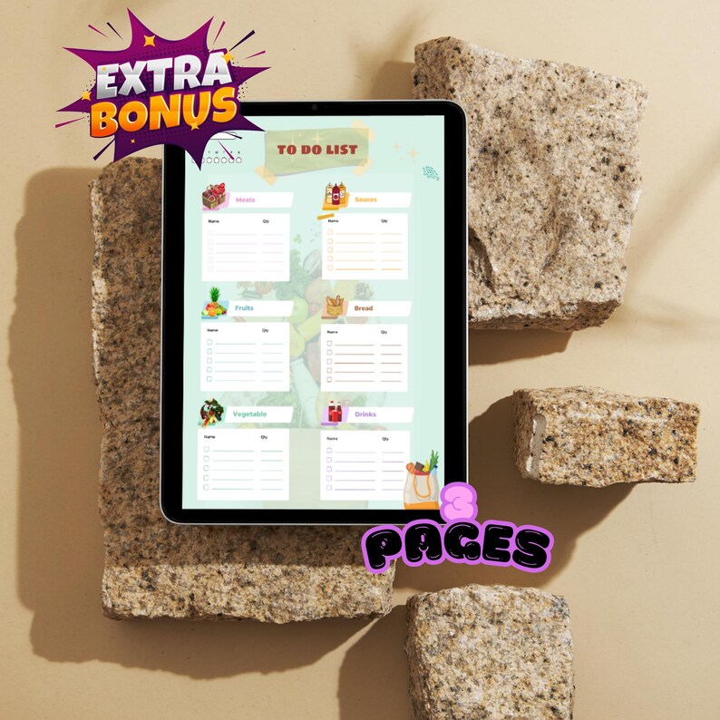 May include: A digital tablet displays a "TO DO LIST" with sections for meals, fruits, vegetables, bread, and drinks. The tablet is surrounded by decorative stone blocks. Text on the image includes "EXTRA BONUS" and "8 PAGES".