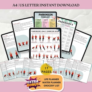 May include: A collection of digital printables for Parkinson's disease management, including a food list, 7-day meal plan, and exercise guide. The documents are displayed on tablets and printed pages, with the text "A4 | US LETTER | INSTANT DOWNLOAD".