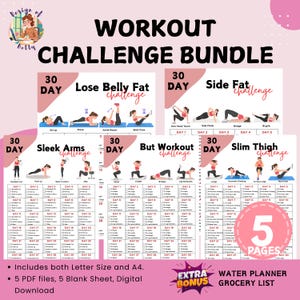 30-Day Workout Challenge Bundle | Butt, Belly, Thigh, Side Fat & Arm Exercises | Instant Download Printable Fitness Calendar PDF