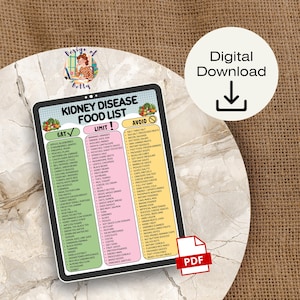 May include: A digital download of a Kidney Disease Food List, featuring a detailed guide with food categories: Eat, Limit, and Avoid. The list is on a black tablet-like design with a PDF icon and a "Digital Download" graphic.